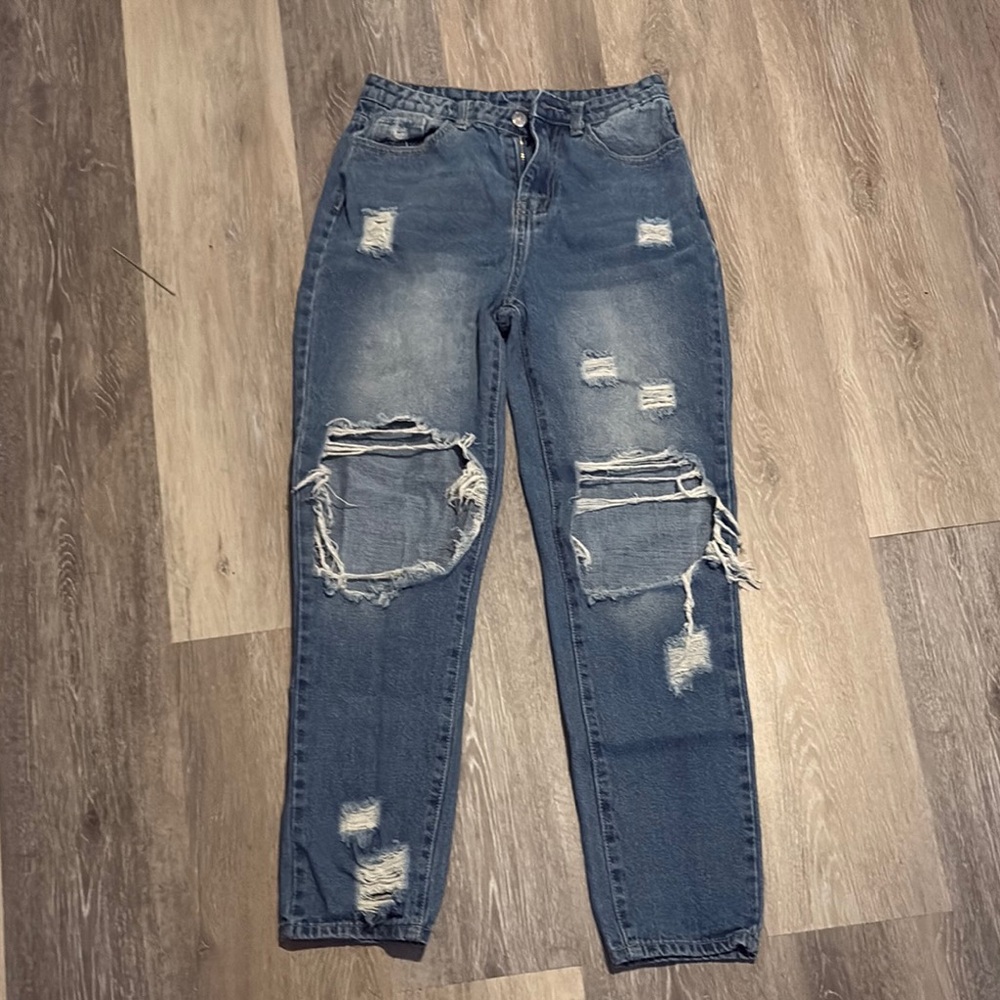 SHEIN Blue Boyfriend Jeans with Distressed Details